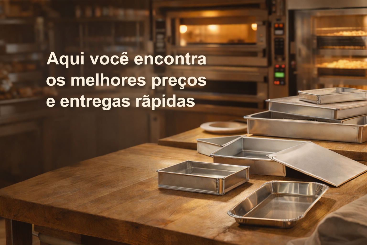 Ambiente profissional de panificação com formas e assadeiras